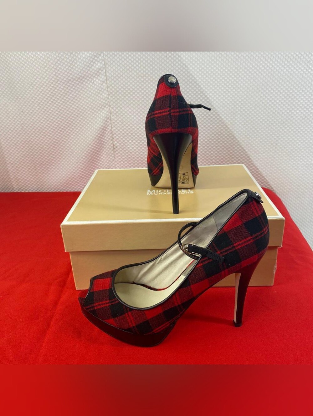 Michael Kors Red Black Plaid Peep Toe Platform Ankle Strap Stiletto Heels 7.5